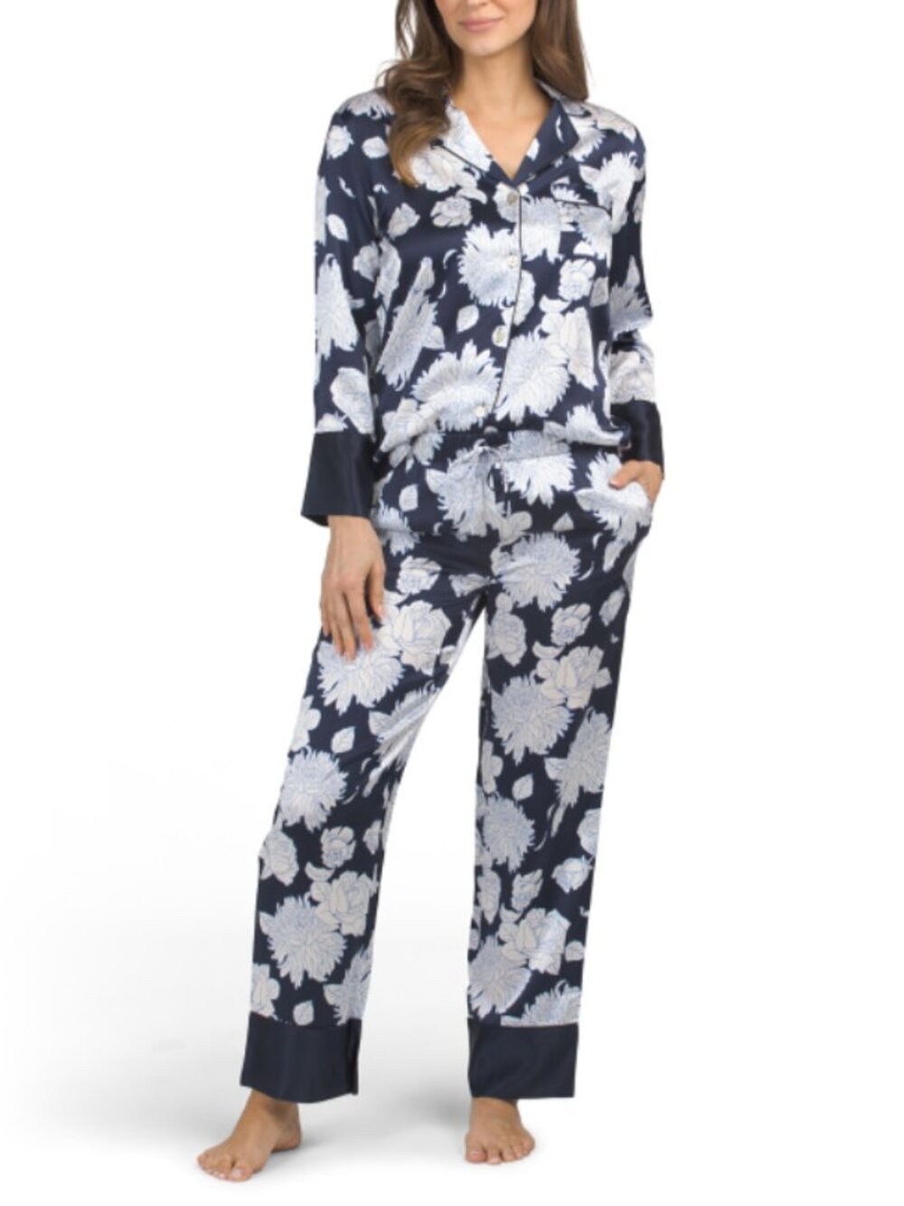 PETITE PLUME 2pc Silk In Midnight Blooms Long Sleeve Shirt And Pants Pajama Set